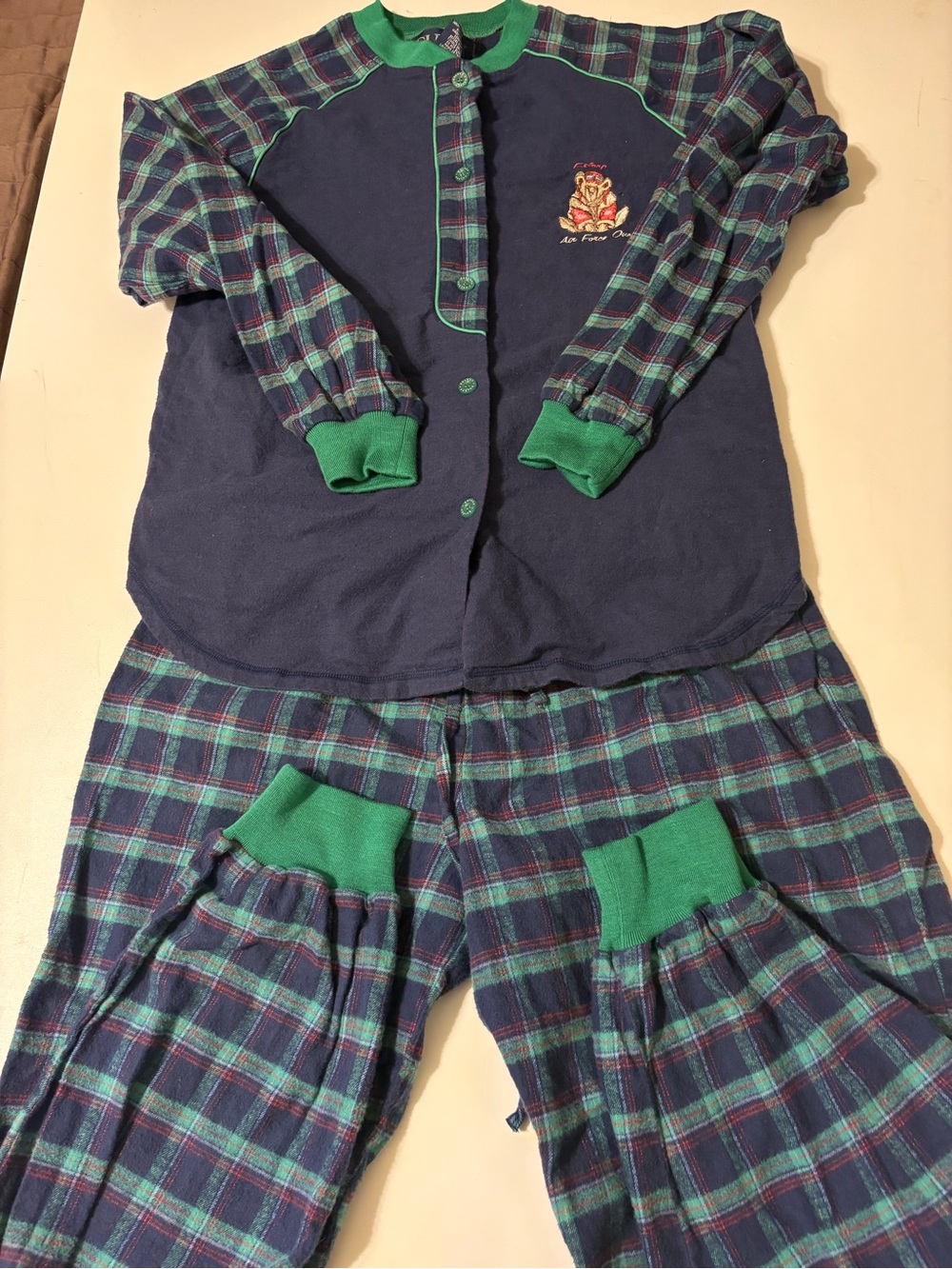 Women’s Navy and Green Plaid Two-Piece Pajama Set with Air Force One embroidered